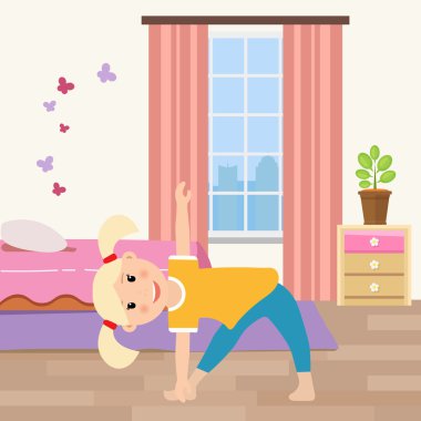 Küçük kız pembe Oda yoga yapan