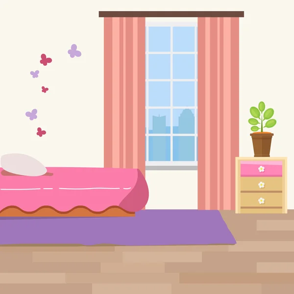 Guardería con muebles blancos. Interior de rayas rosadas bebé. Diseño de habitación de chica con cama, cuna móvil, cómoda y cubo de juguetes . — Vector de stock