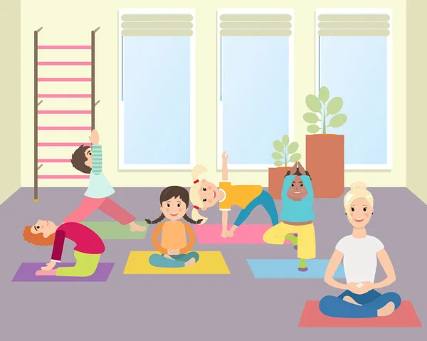 Yoga infantil con Instructor en clase de gimnasia — Vector de stock