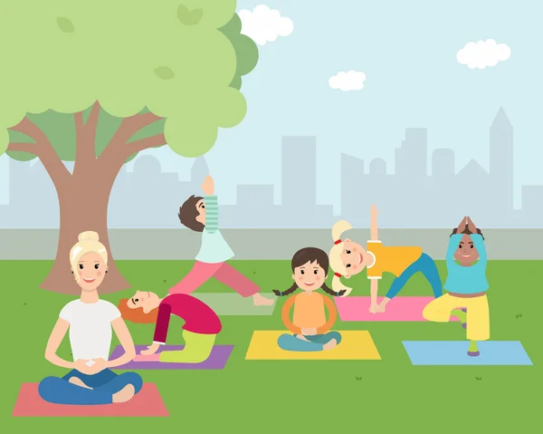 Illustration von Kindern mit Yogalehrer im Freien — Stockvektor