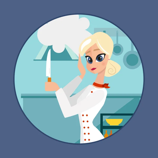 Woman chef in white uniform is in the kitchen with a knife — Stock Vector