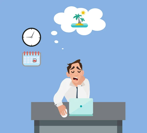 Homme d'affaires dans le bureau rêvant de vacances — Image vectorielle