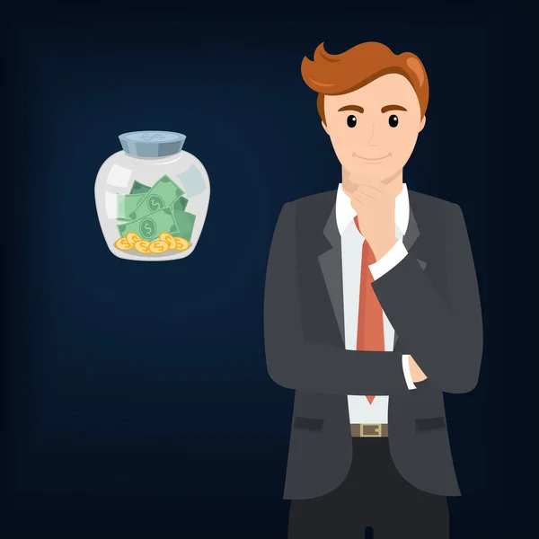 Empresario y dinero en un frasco de vidrio — Vector de stock