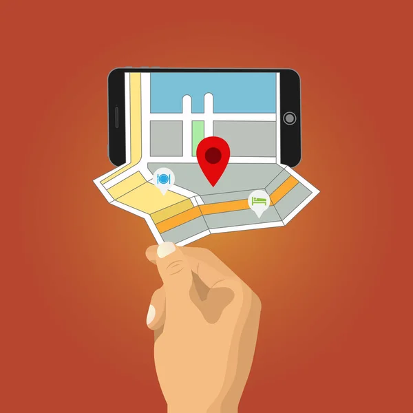 Hand håller smartphone med stadskarta GPS-navigator — Stock vektor