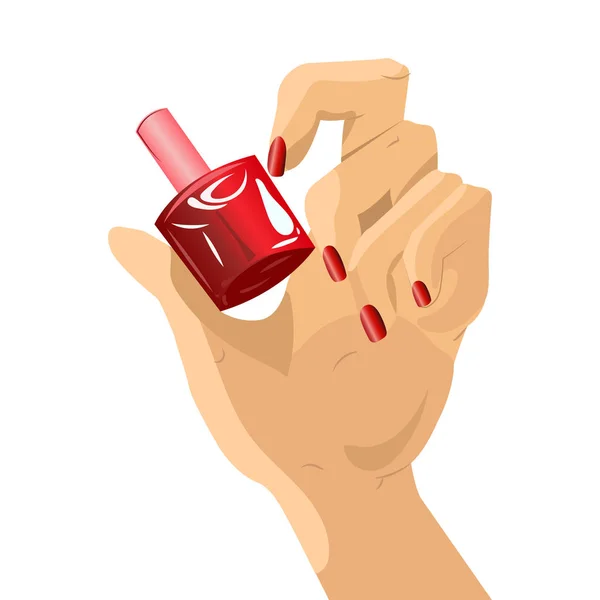 Hand van de vrouw met een fles met nagellak — Stockvector