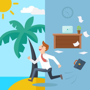 Yaz plaj için ofisinden çalıştıran iş adamı