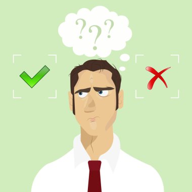 Evet ve Hayır arasında seçim yapma konuşma balonları ile işadamı