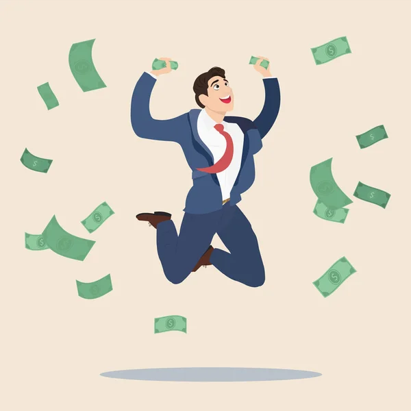 Happy business man getting a lot of money and jumping — Stock Vector