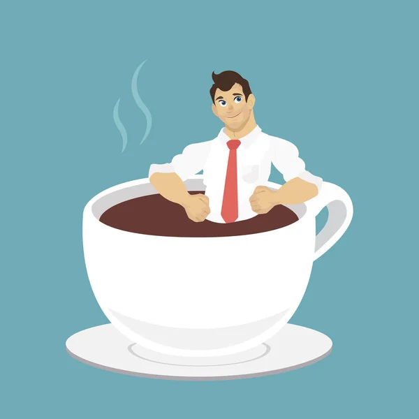 Empresario tomar un baño en taza de café caliente — Vector de stock