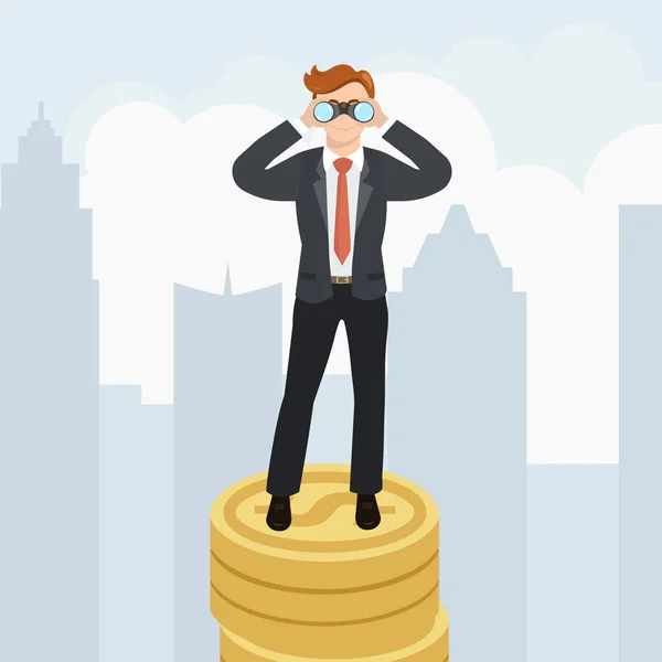 Businessman with binoculars standing on money — Stock Vector