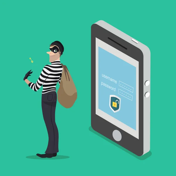 Ladrón con acceso a una llave desde un smartphone — Vector de stock