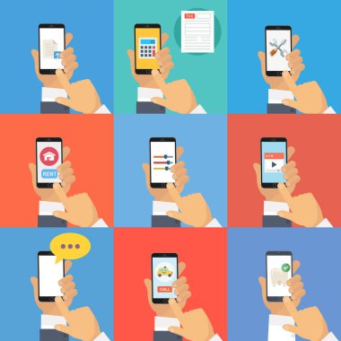 İş adamı el bir akıllı telefon tutarak ayarla
