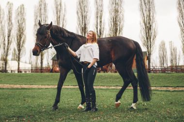 Güzel kız parkta bir at ile iletişim kurar