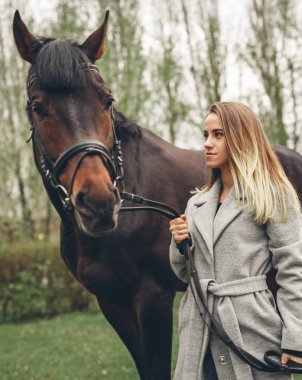 Güzel kız parkta bir at ile iletişim kurar