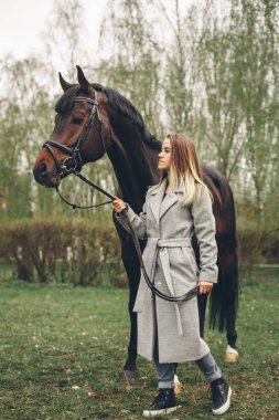 Güzel kız parkta bir at ile iletişim kurar