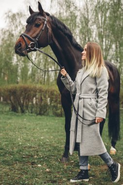 Güzel kız parkta bir at ile iletişim kurar