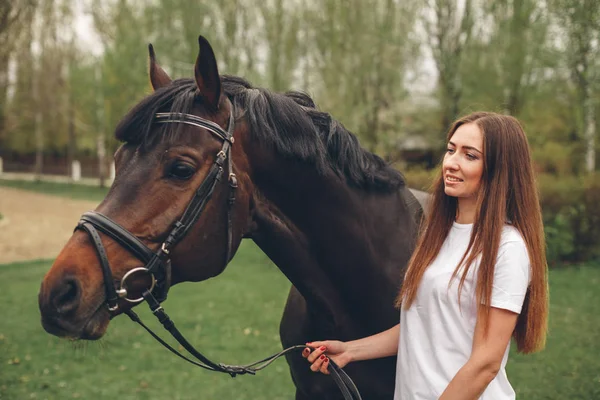 Menina bonita se comunica com um cavalo no parque — Fotografia de Stock