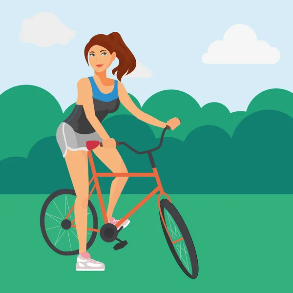 Sportliche Frau mit Fahrrad im Park — Stockvektor