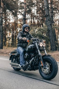 Motosiklet gündoğumu sırasında orman yolu üzerinde adam koltuğa