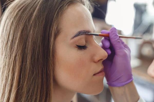 Master painting client eyebrows in the salon. — Stock Photo, Image