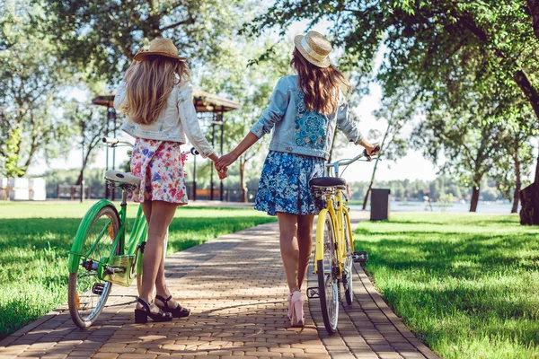 Вид сзади на двух женщин, держащихся за руки, гуляющих в парке на велосипедах . — стоковое фото