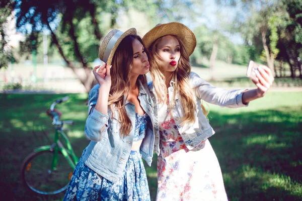 Amici Femminili scattare selfie in un parco nazionale . — Foto Stock