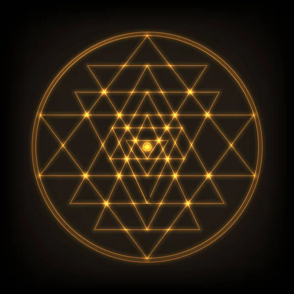 Sri Yantra - σύμβολο που αποτελείται από εννέα σύμπλεξη τρίγωνα που ξεκινούν ακτινωτά από το κεντρικό σημείο. Ιερή γεωμετρία. — Διανυσματικό Αρχείο