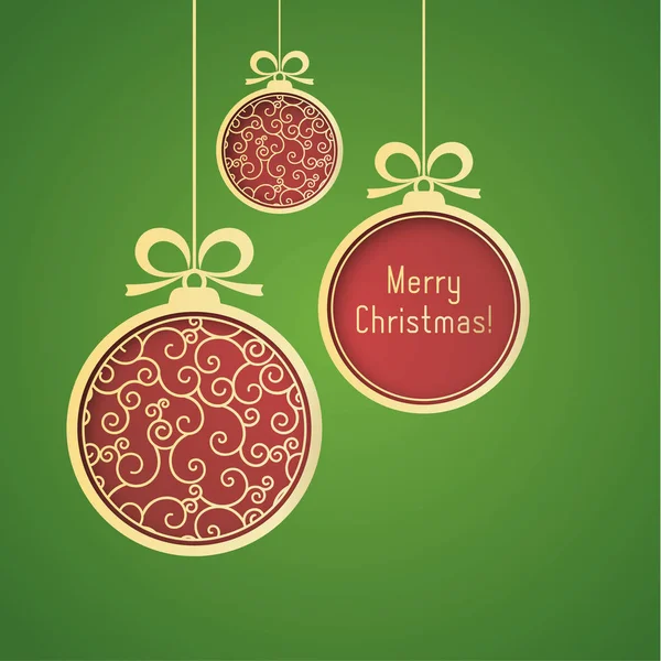 Oro, palline di Natale rosse, con motivo vortice e carta lucida e tagliata su sfondo verde . — Vettoriale Stock
