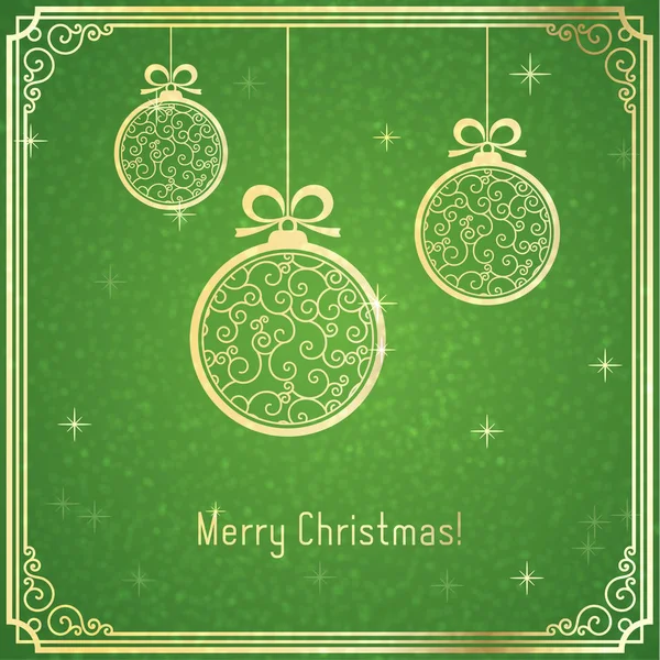 Bolas de Navidad de oro, con patrón de remolino y brillante sobre fondo verde . — Vector de stock