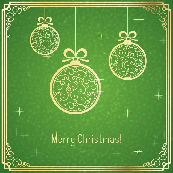 Gold Christmas balls, with swirl pattern and shiny on green background. — Stock Vector