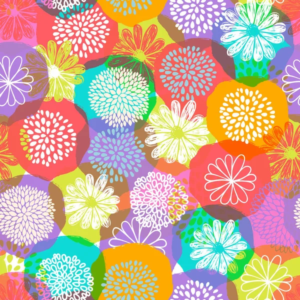 Nahtlose Vektor-Blumenmuster mit stilisierten Doodle-Blumen auf buntem Hintergrund. — Stockvektor