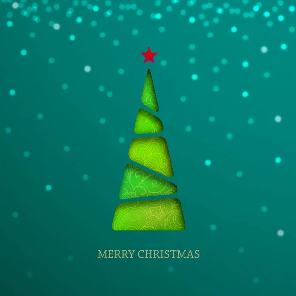 Paper Christmas tree on green background with sparkle, shine and shadow. — Stock Vector