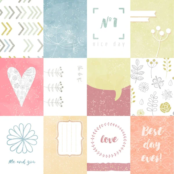 Conjunto vetorial de cartões de diário para scrapbook e design, com padrão floral, doodle, coração . — Vetor de Stock