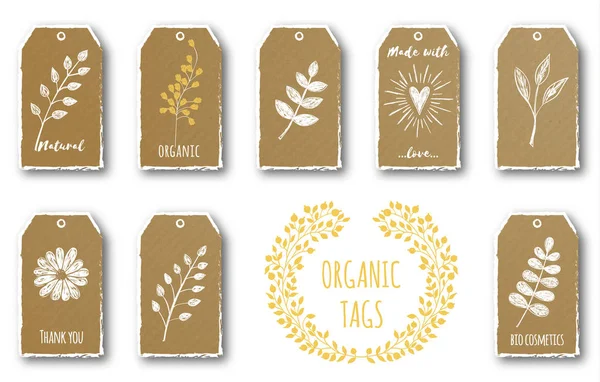 Çiçek, kalp, bitkiler, Çay yaprağı ile sevimli Hediyelik Etiketler vektör kümesi.