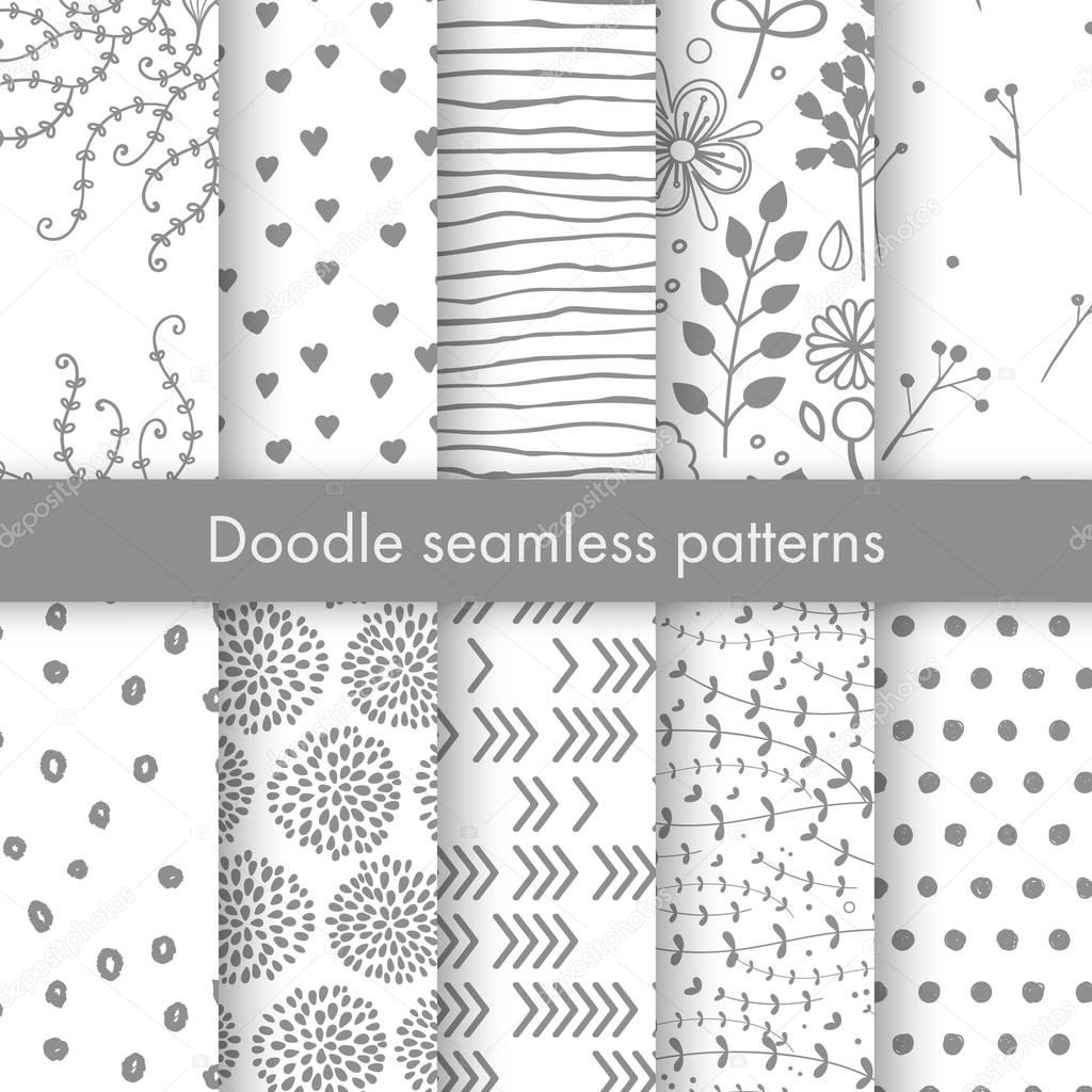 Set of vector spring patterns with flowers, doodle pattern, branches, leaves, dots, hearts.