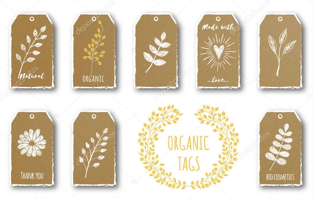 Vector set of cute gift tags with flower, heart, plants, tea leaf.