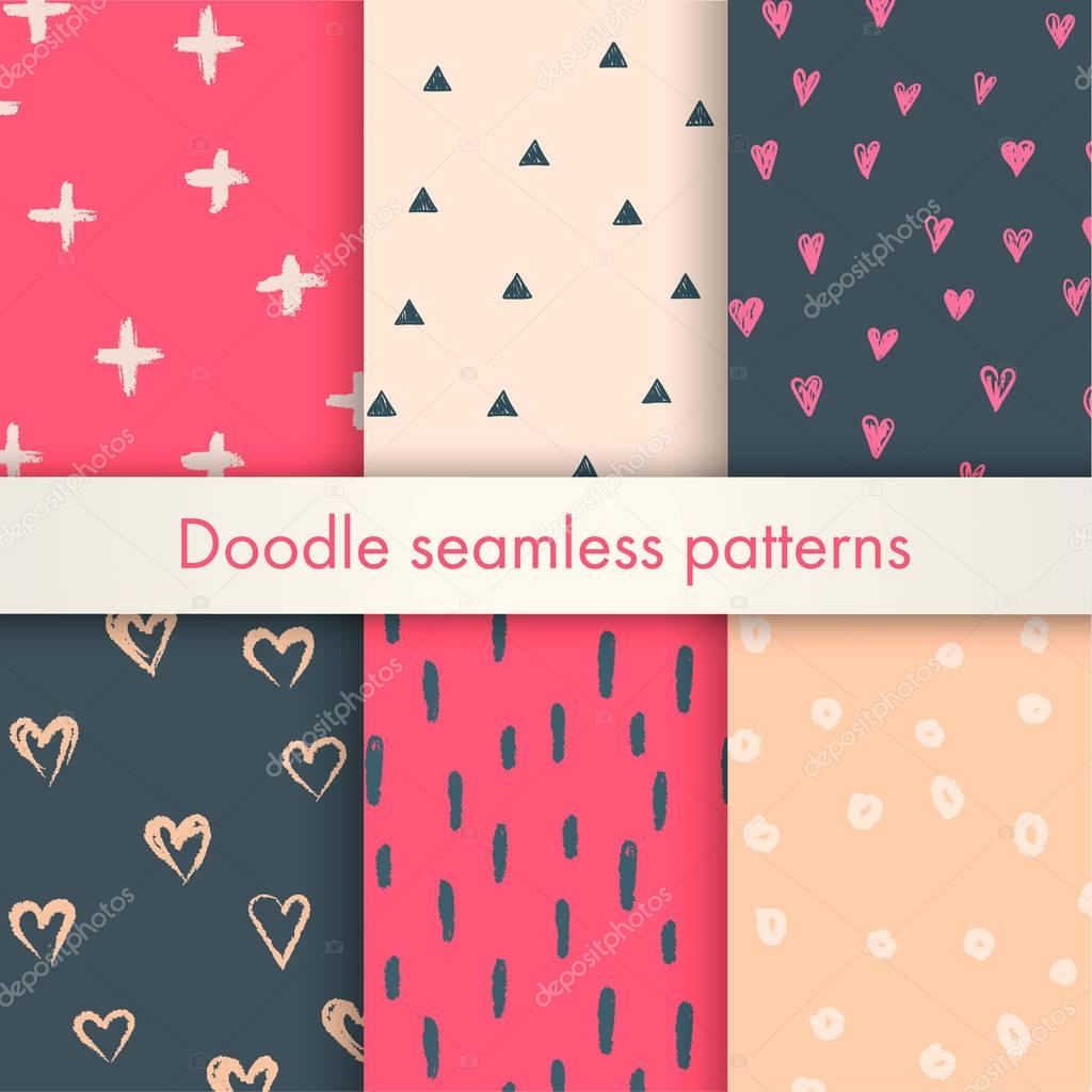 Set of vector memphis doodle backgrounds with hearts, crosses, triangles, circles, dots, made of brush stroke.