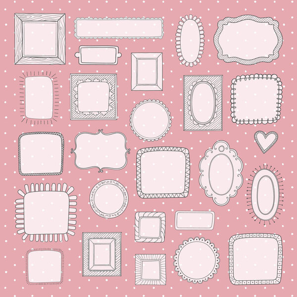 Vector set of vintage cute photo frames on pink polka dot pattern.