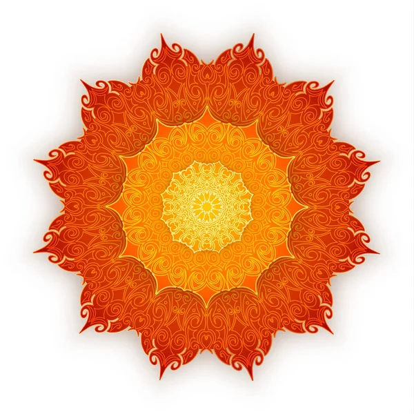 Krajka oranžová mandala se stínem na bílém pozadí. Dekorativní prvky. Islám, arabština, indický, osmanské motivy. — Stockový vektor