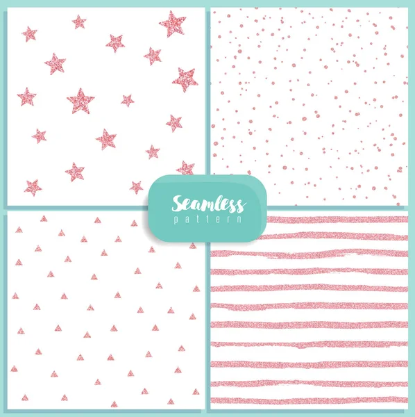 Set of vector seamless patterns with circles, stripes, stars, triangles, made of pink glitter — Stock Vector