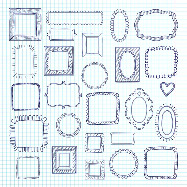 Vector set van schattige vintage fotolijsten op laptop blad papier achtergrond. Hand getrokken doodle stijl voor decoratie. — Stockvector