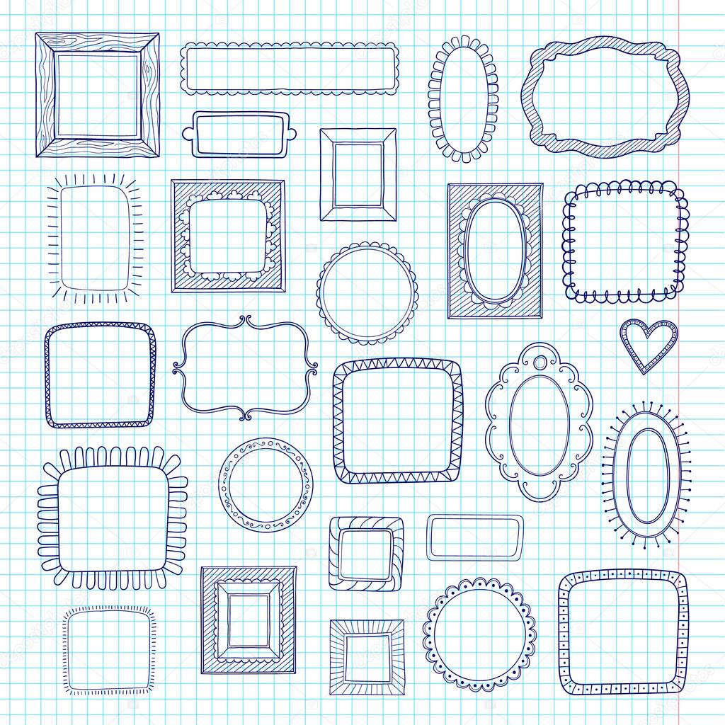 Vector set of cute vintage photo frames on notebook sheet paper background. Hand drawn doodle style for decoration.