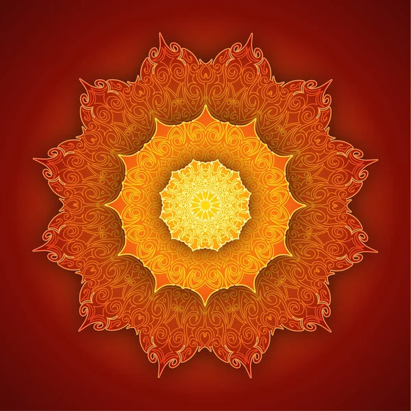 Lace yellow mandala with shadow on orange background. — Stock Vector