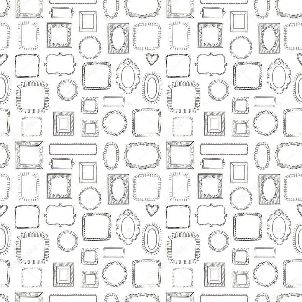 Vector seamless pattern, made of vintage photo frames, hand drawn doodle style.