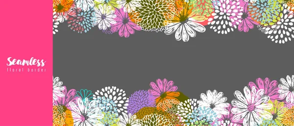 Borde vectorial sin costuras con flores de garabato estilizadas de limón, blanco, azul y rosa y lugar para su texto — Vector de stock