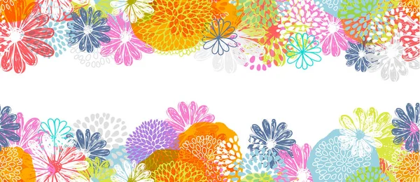 Nahtloser Vektorrand mit Zitrone, Weiß, Blau, rosa stilisierten Doodle-Blüten auf weißem Hintergrund. — Stockvektor