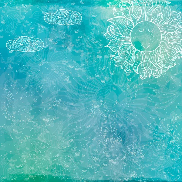 Fond bleu vectoriel avec personnage mignon soleil et nuages . — Image vectorielle