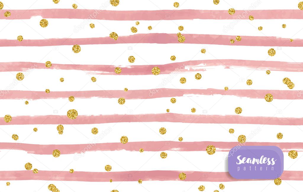 Vector watercolor pink stripes, with gold glitter circle on white background. Seamless pattern.