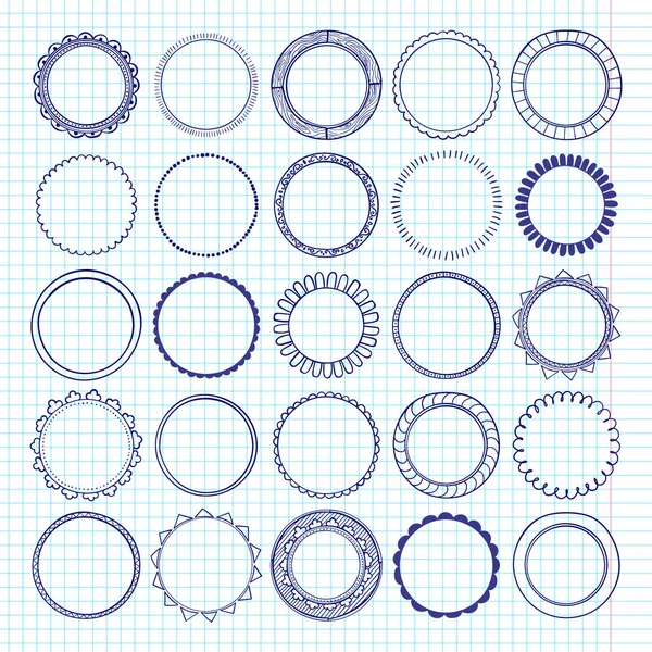 Set di cornici vintage cerchio foto, disegnato a mano in stile doodle — Vettoriale Stock
