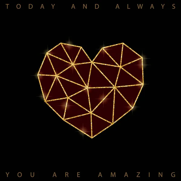 Vector Alla hjärtans dag kort med diamant hjärta, gjord av trianglar på mörkt guld bokeh bakgrund — Stock vektor